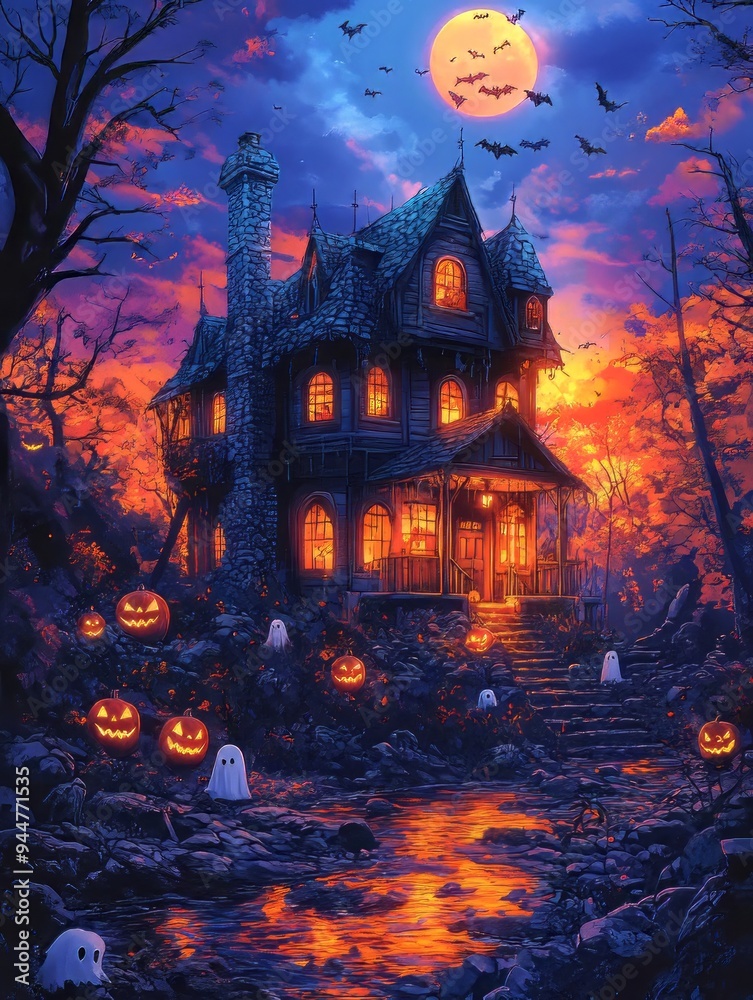 Whimsical Chibi Character at Halloween Festival Haunted House Surrounded by Bats and Ghostly Figures Whimsical Chibi Character at Halloween Festival Haunted House Surrounded by Bats and Ghostly Figures