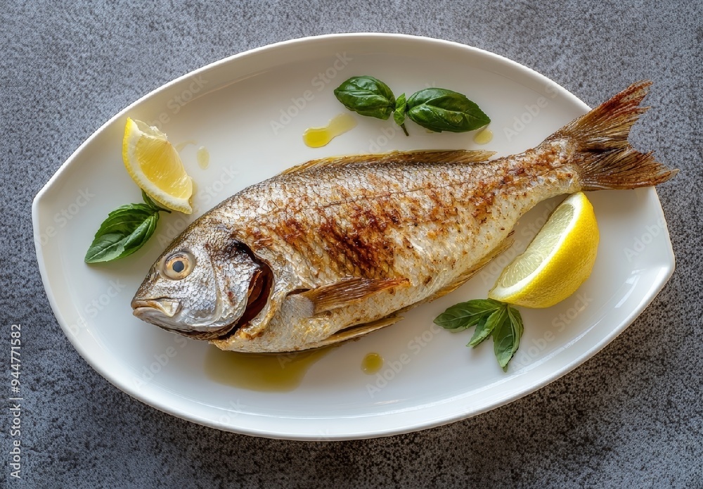Grilled Fish with Lemon and Basil on a White Plate Grilled Fish with Lemon and Basil on a White Plate