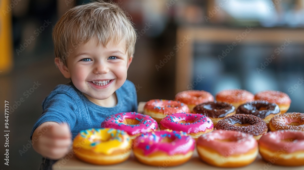 Fototapeta premium Portrait of a Smiling Child Boy with Colorful Donuts on a Table in a Bright and Cheerful Setting