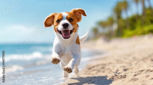 Energetic Puppy Bounding Joyfully Along a Sunny Beach with Clear Blue Skies and Lush Green Palm Trees in the Background