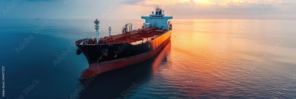 Oil tanker and cargo ship moored in a bay for petroleum chemical trade with signs of oil spill from an industrial vessel.