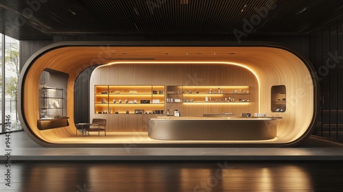 Modern Minimalist Retail Store Interior Design with Curved Walls and Wooden Shelving