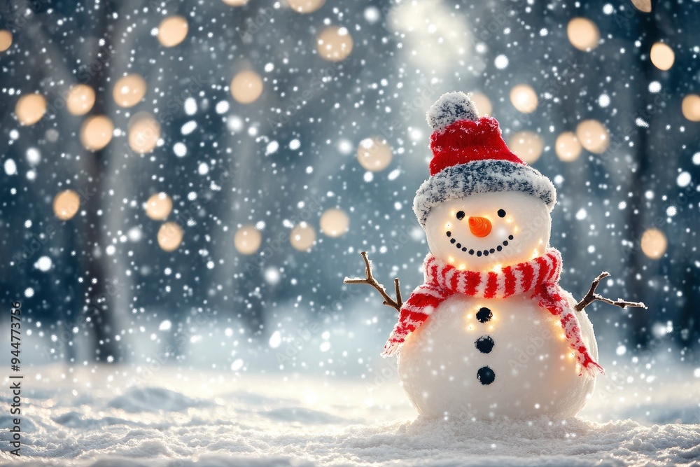 Happy Snowman In Winter Wonderland With Trees Lights And Falling Snow with generative ai Happy Snowman In Winter Wonderland With Trees Lights And Falling Snow with generative ai