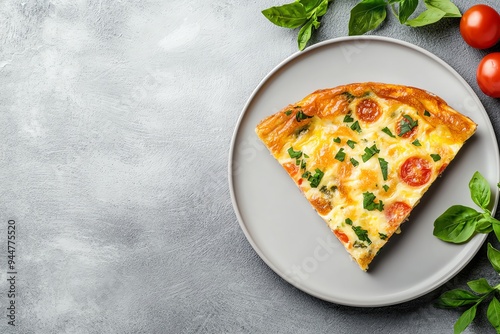 Slice of delicious vegetable quiche on plate with fresh basil and tomatoes, top view on a gray background. photo