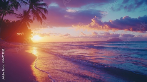 Silhouetted Palm Trees on a Pink and Blue Beach at Sunset