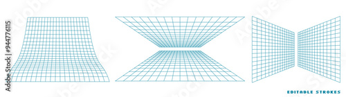 Abstract 3D grid shapes with wireframe mesh designs on a dark background, with futuristic and geometric perspective Y2K elements. This techno style graphic integrates cyber geometry.