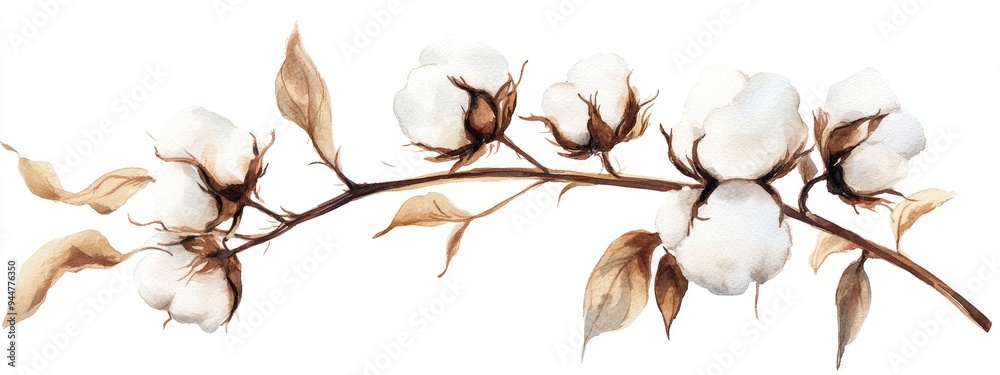 Watercolor illustration of cotton plant on a white background Watercolor illustration of cotton plant on a white background