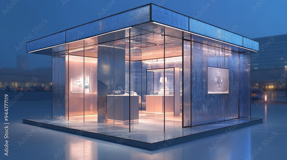 Modern Glass Pavilion with Illuminated Interior and City Lights Modern Glass Pavilion with Illuminated Interior and City Lights
