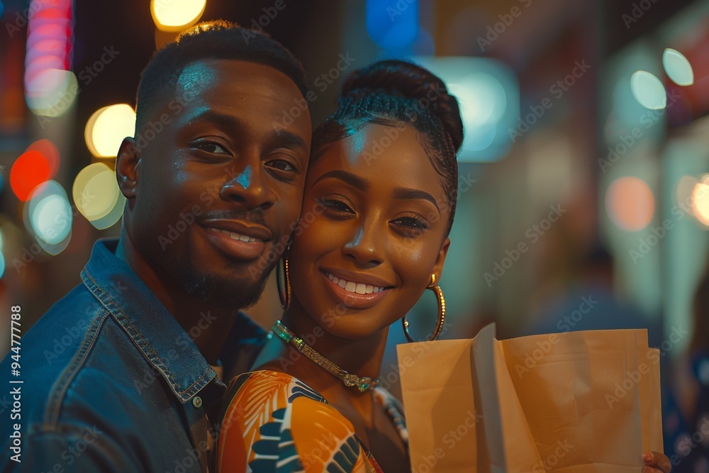 Young couple enjoying a night out on a colorful street, holding takeout bags amidst glowing city lights Young couple enjoying a night out on a colorful street, holding takeout bags amidst glowing city lights