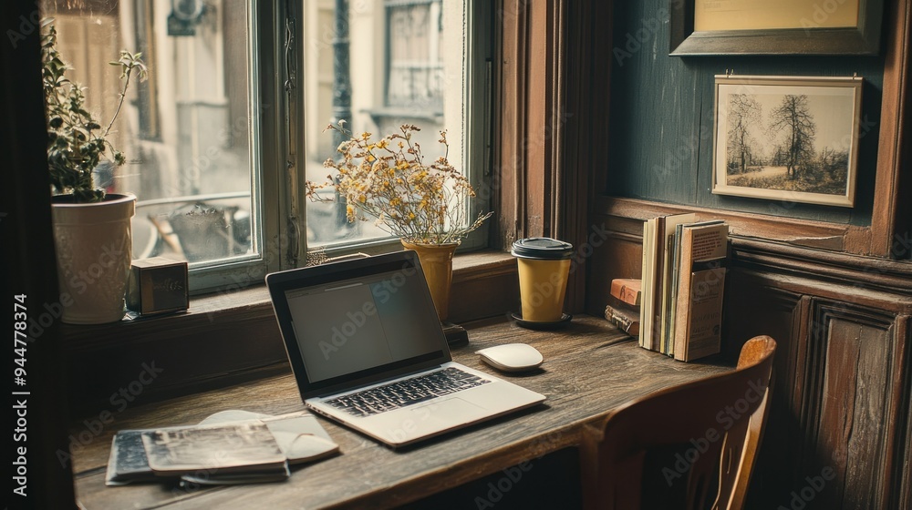 A Wooden Desk Near a Window with a Laptop, Books, and a Coffee Cup A Wooden Desk Near a Window with a Laptop, Books, and a Coffee Cup