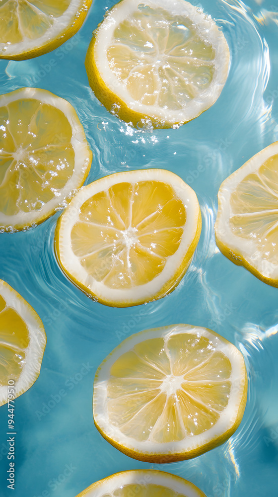 Top view Lemon slices floating on water ripples, water wave on blue background, commercial photography, studio photo for products, studio wallpaper material. Top view Lemon slices floating on water ripples, water wave on blue background, commercial photography, studio photo for products, studio wallpaper material.
