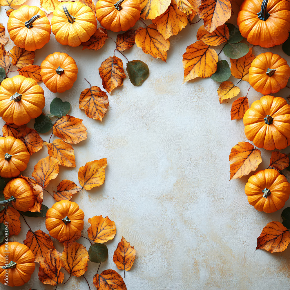 Fototapeta premium Autumn colorful leaves and orange pumpkins on light background, perfect for autumn season templates with copy space for a warm and festive feel.