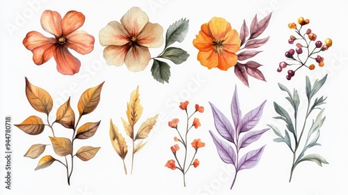 Watercolor illustration of flowers accompanied by leaves