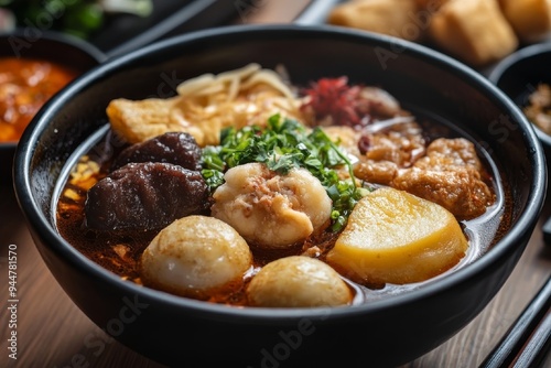 Close-up of Savory Asian Noodle Soup with Meatballs