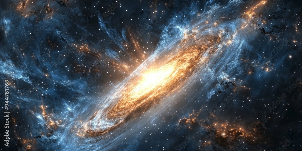 A galaxy engulfed in a massive cosmic storm, with swirling clouds of gas and dust illuminated by powerful bursts of energy A galaxy engulfed in a massive cosmic storm, with swirling clouds of gas and dust illuminated by powerful bursts of energy