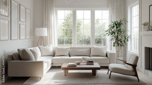 Modern Living Room with White Sectional Sofa and Wooden Coffee Table