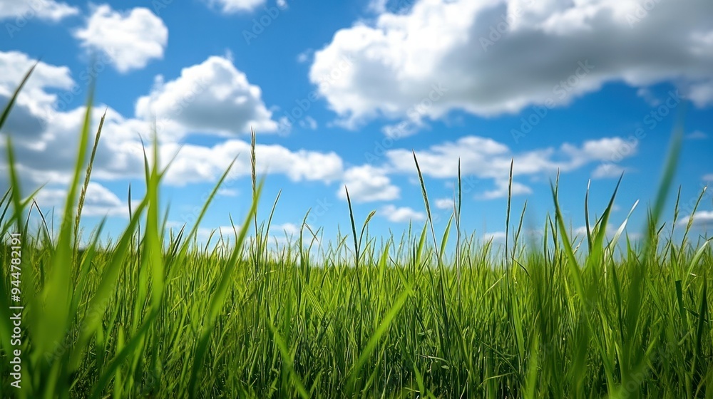 Lush Green Grass Blades Against a Cloudy Blue Sky Lush Green Grass Blades Against a Cloudy Blue Sky