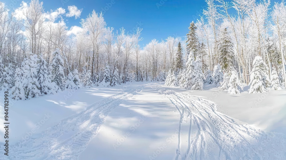 Snow Covered Forest Path with Blue Sky and Snow Covered Trees Snow Covered Forest Path with Blue Sky and Snow Covered Trees
