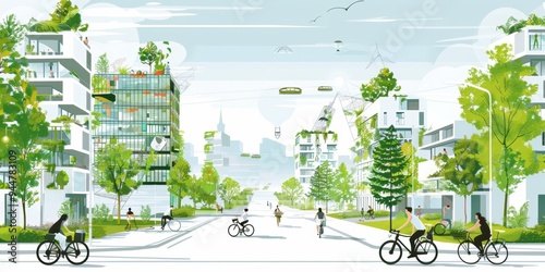 A sketch of green and sustainable buildings in the city, people walking with bicycles on park paths around them, some trees between modern architecture buildings