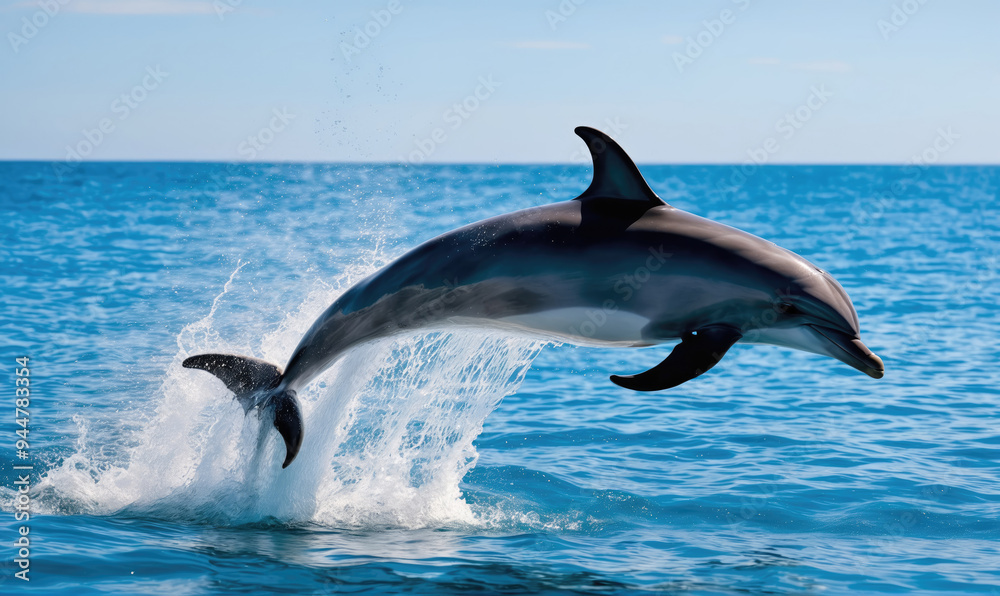 Fototapeta premium A dolphin leaps out of the water, creating a splash as it jumps on a sunny day