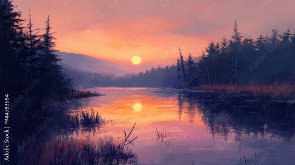 Fototapeta premium Silhouetted Trees by a Still Lake at Sunset