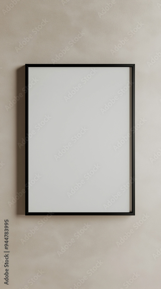 Mock up of black frame hanging on plain cream pastel wall, Ai generated Images