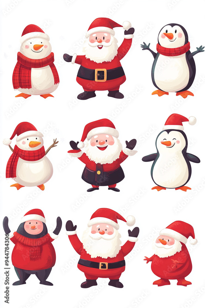 Santa claus, snow man and penguin christmas