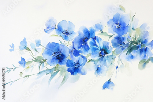 This watercolor painting features a bouquet of blue flowers