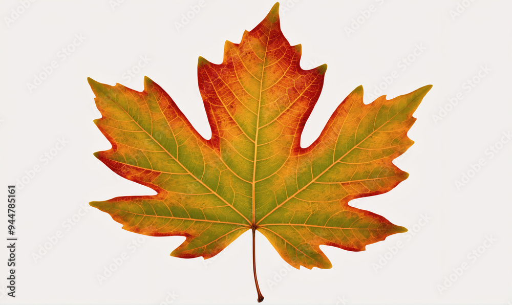 A single maple leaf with vibrant autumn colors stands out against a white background A single maple leaf with vibrant autumn colors stands out against a white background
