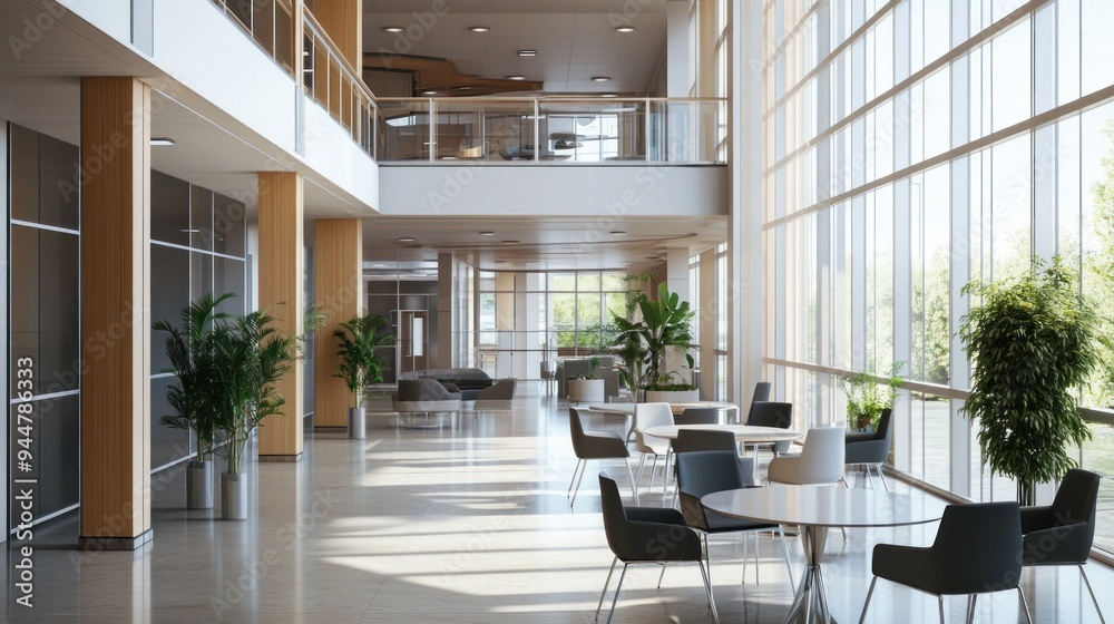 Modern Office Lobby with Floor-to-Ceiling Windows and Seating Area Modern Office Lobby with Floor-to-Ceiling Windows and Seating Area