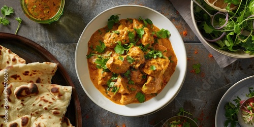 Chicken Korma in a White Bowl with Naan Roti and Green Salad Food Styling