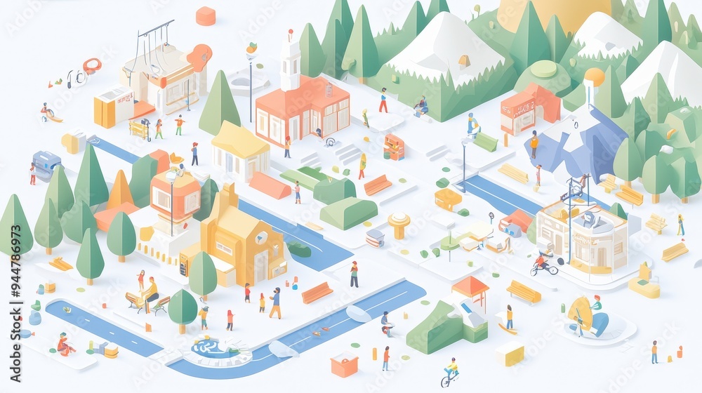 Isometric Paper Cutout City Illustration with Buildings People Trees and River Isometric Paper Cutout City Illustration with Buildings People Trees and River