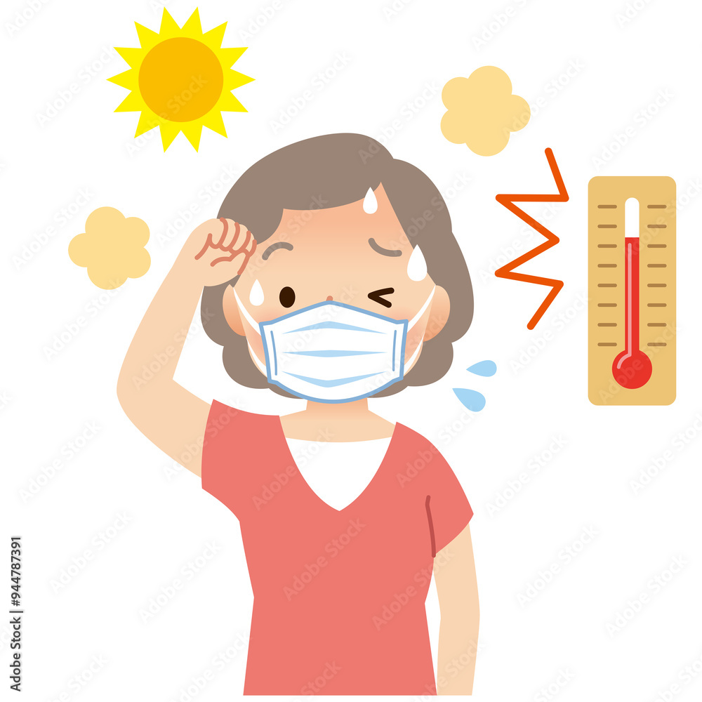 マスクをして汗をかく高齢者女性　マスク熱中症　気温が高い屋外