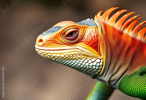 An iguana close up with striking red, orange, blue, green & yellow colors with a beautiful blurred background. photo