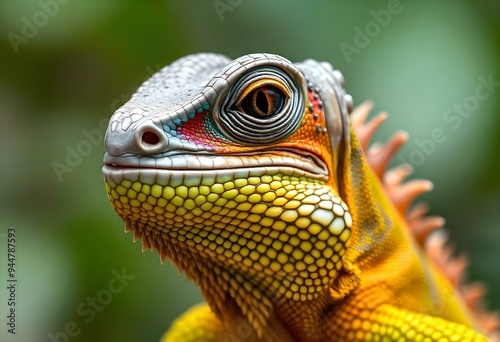 An iguana close up with striking red, orange, blue, green & yellow colors with a beautiful blurred background. photo