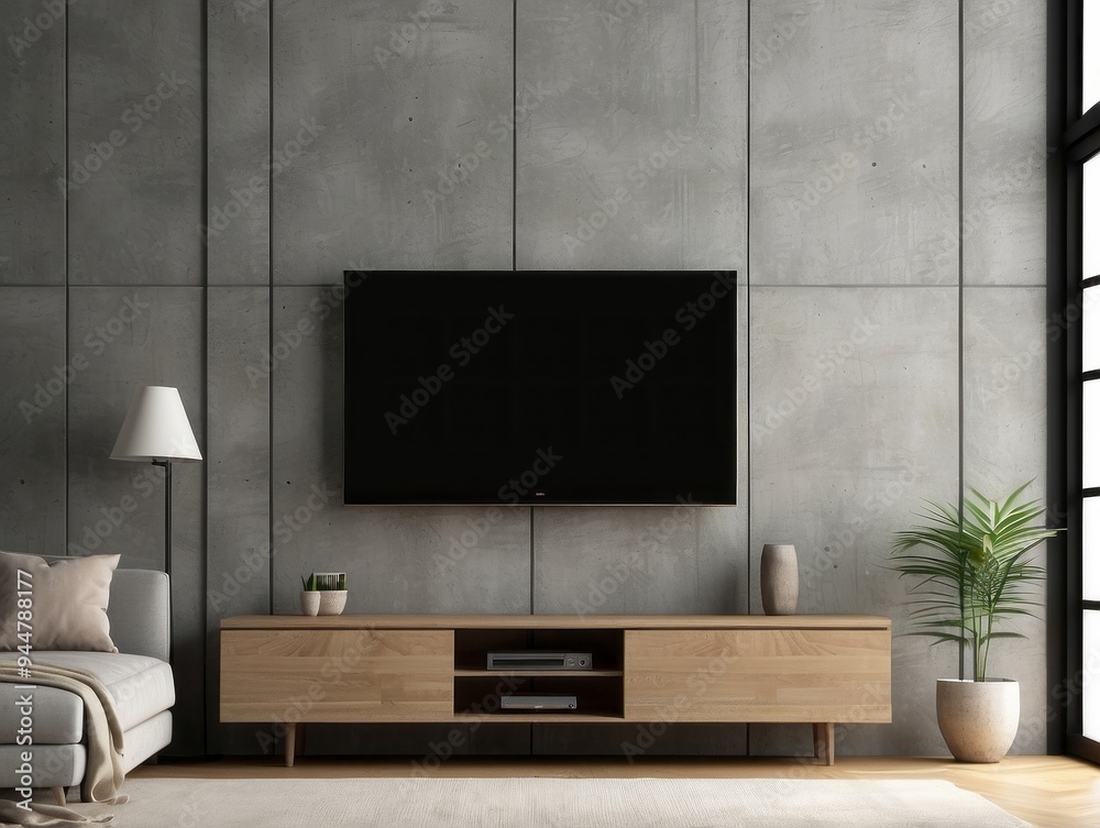 Modern Living Room with Concrete Wall, Wooden TV Stand, and Black Television Modern Living Room with Concrete Wall, Wooden TV Stand, and Black Television
