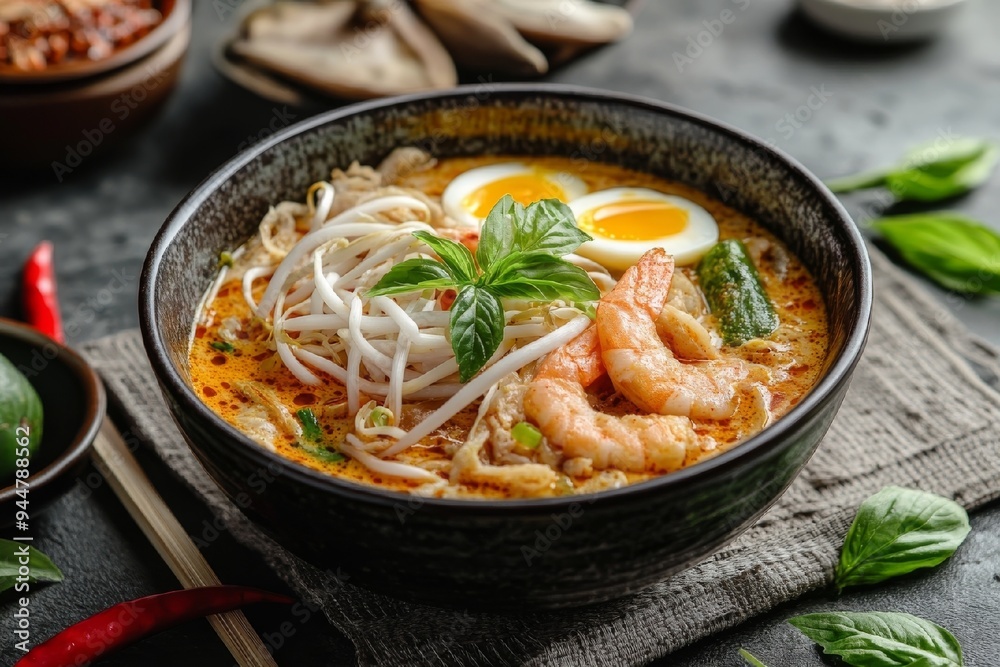Laksa, A Malaysian Noodle Soup with Coconut Milk and Shrimp Laksa, A Malaysian Noodle Soup with Coconut Milk and Shrimp