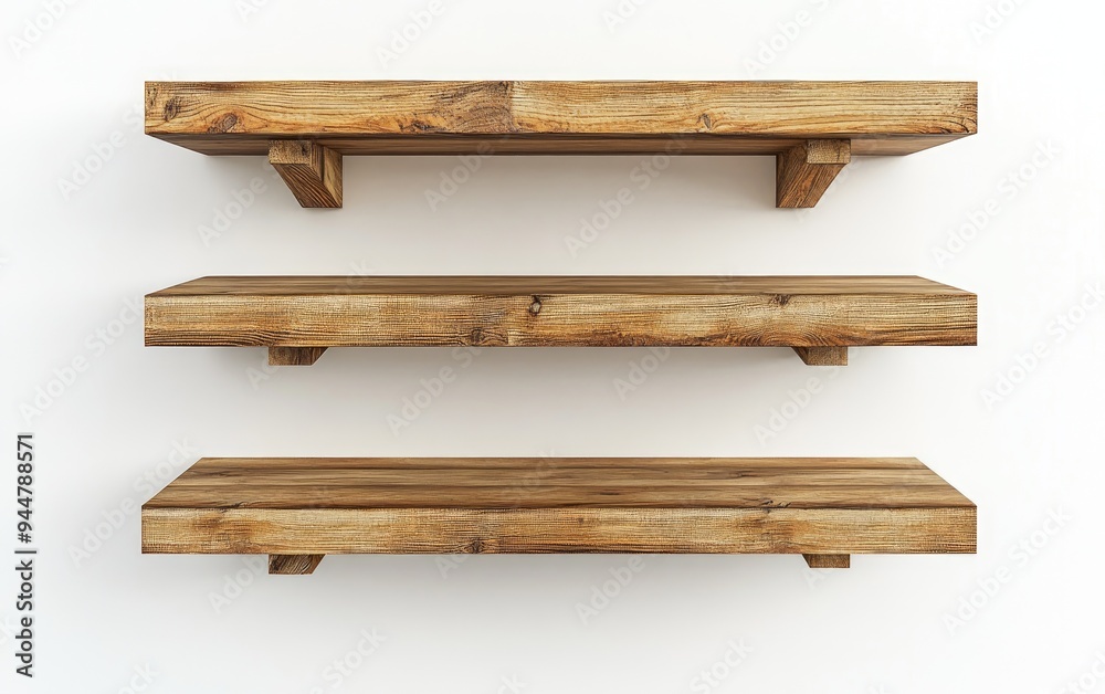 3D rendering of wooden shelves isolated on a white background Mockup 3D rendering of wooden shelves isolated on a white background Mockup