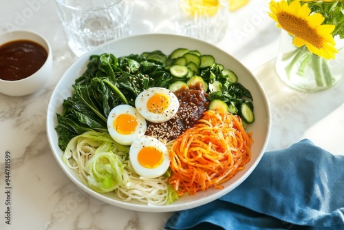 Korean Noodle Bowl with Eggs and Greens photo