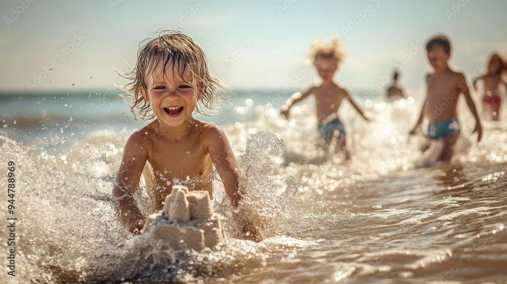 A Young Boy Holding a Sandcastle in the Ocean Waves A Young Boy Holding a Sandcastle in the Ocean Waves