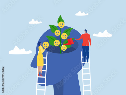 Growth mindset positive thinking concept, happiness or positive attitude, relaxation to reduce anxiety increasing positive emotion,flat vector illustration.