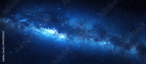 Panorama of a blue night sky featuring a 3D cartoon rendering of the Milky Way and stars against a dark background The universe is filled with stars nebulae and galaxies displaying noise and grain