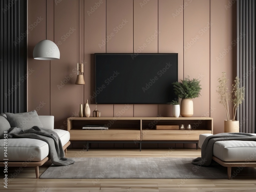 Modern Living Room Interior Design with a Flat-Screen TV and Wooden Furniture Modern Living Room Interior Design with a Flat-Screen TV and Wooden Furniture