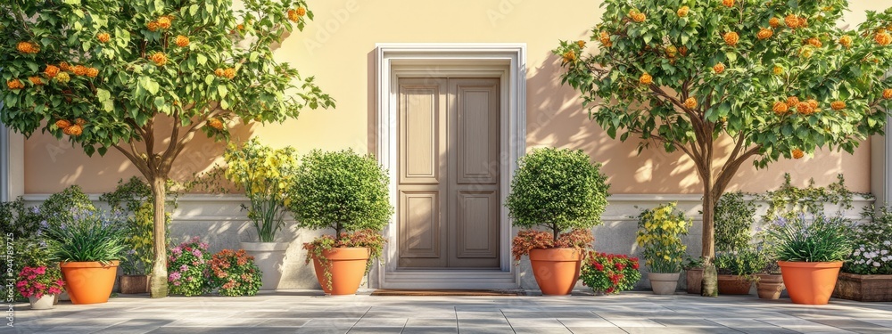3D rendering of potted trees in front of a house 3D rendering of potted trees in front of a house