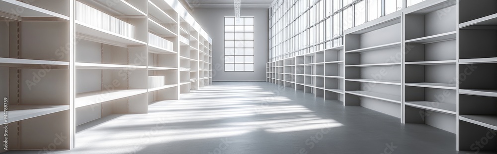 Obraz premium 3D rendering of white wooden shelves and racks in a storage space