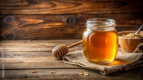 Bottle of honey in a glass jar on a rustic wooden table, honey, jar, glass, sweet, natural, organic, food, golden