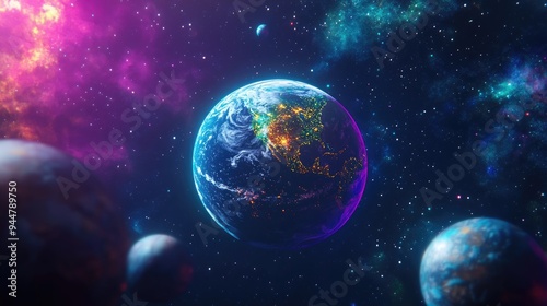 Fototapeta Naklejka Na Ścianę i Meble -  3D render of an earth like planet in distant space featuring a background of planets in a cartoon style