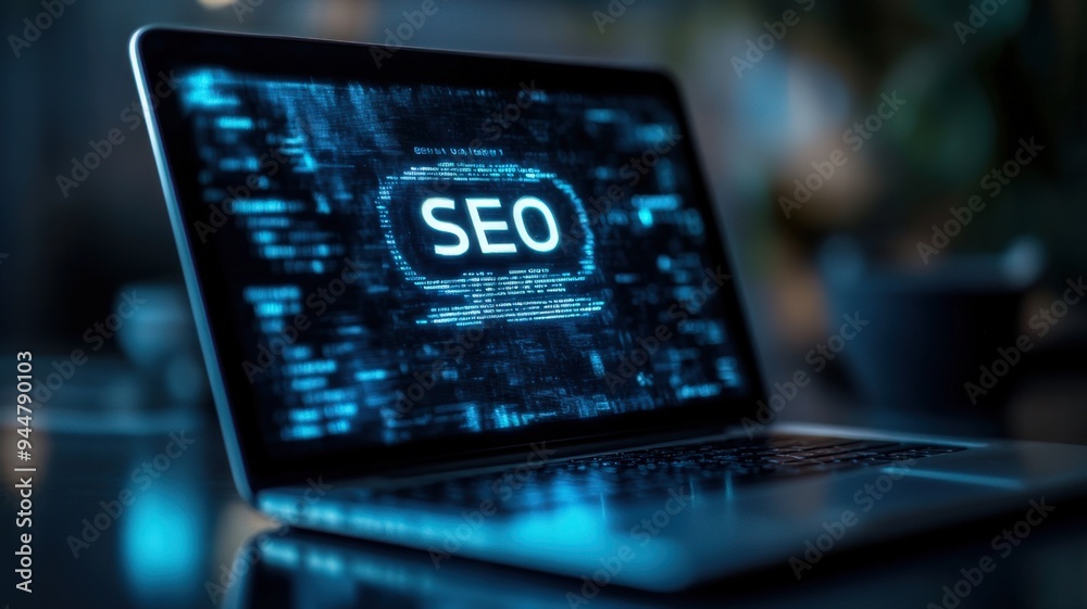 Open laptop displaying SEO concept on screen with digital interface in dark background, representing search engine optimization. Open laptop displaying SEO concept on screen with digital interface in dark background, representing search engine optimization.