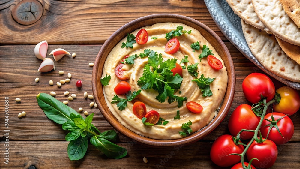 Creamy hummus topped with fresh tomatoes and leafy greens, served with pita bread , food, appetizer, Mediterranean Creamy hummus topped with fresh tomatoes and leafy greens, served with pita bread , food, appetizer, Mediterranean