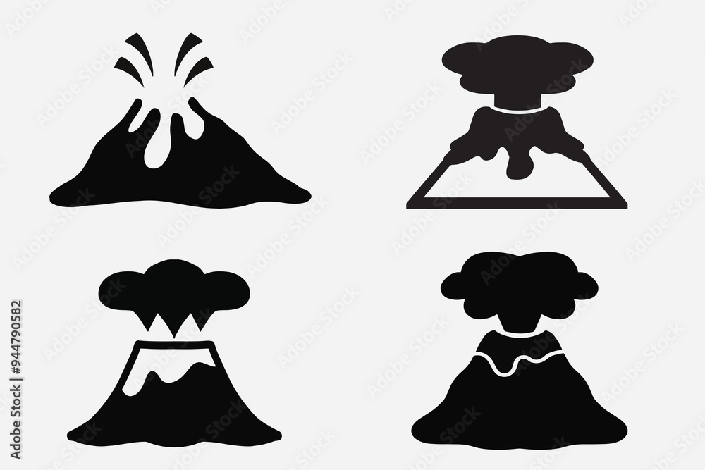 set of volcano good for icons, symbols, silhouette design, etc